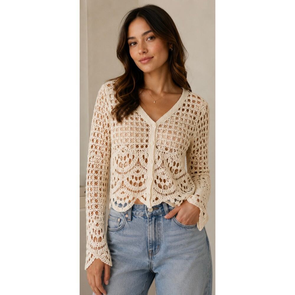 GOOD LUCK GEM 100% Cotton Crochet Cardigan Cream Size M Romantic